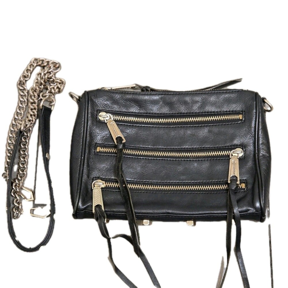 REBECCA MINKOFF Mini 5 Zip Black Leather Crossbody Bag Gold Chain Strap Hardware - Picture 3 of 12